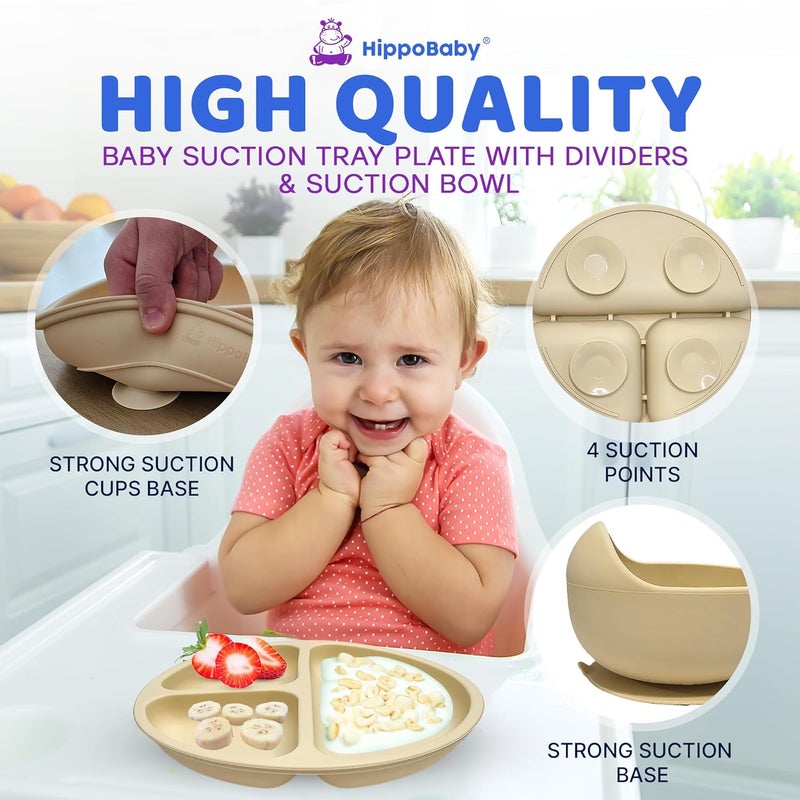 HippoBaby Baby Led Weaning Supplies | 10 Piece Silicone Baby Feeding Set | Baby Toddler Bib Cup Divided Plate and Bowl Self Feeding Spoons Dish Set | Baby Utensils | Toddler Feeding Supplies (Cream) - Image 4
